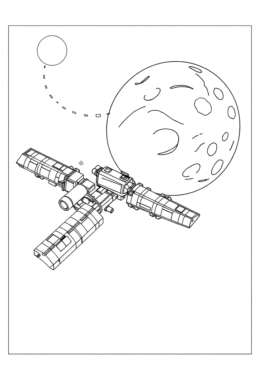 Space Station Orbiting Distant Planet coloring page, free printable