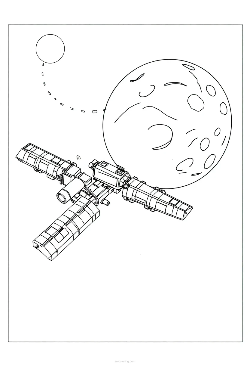 Space Station Orbiting Distant Planet coloring page for kids