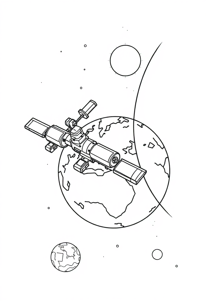Space Station Orbiting Earth coloring page, free printable