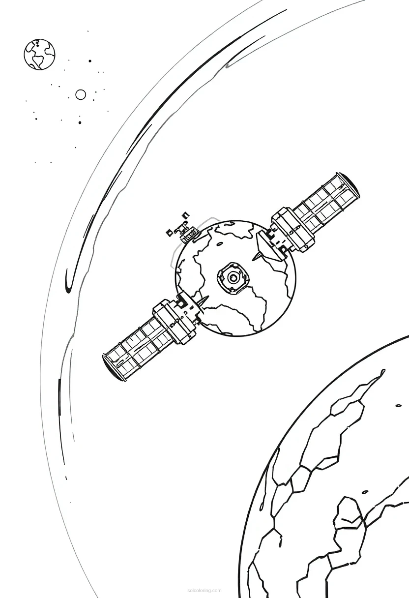Space Station Orbiting Earth coloring page for kids