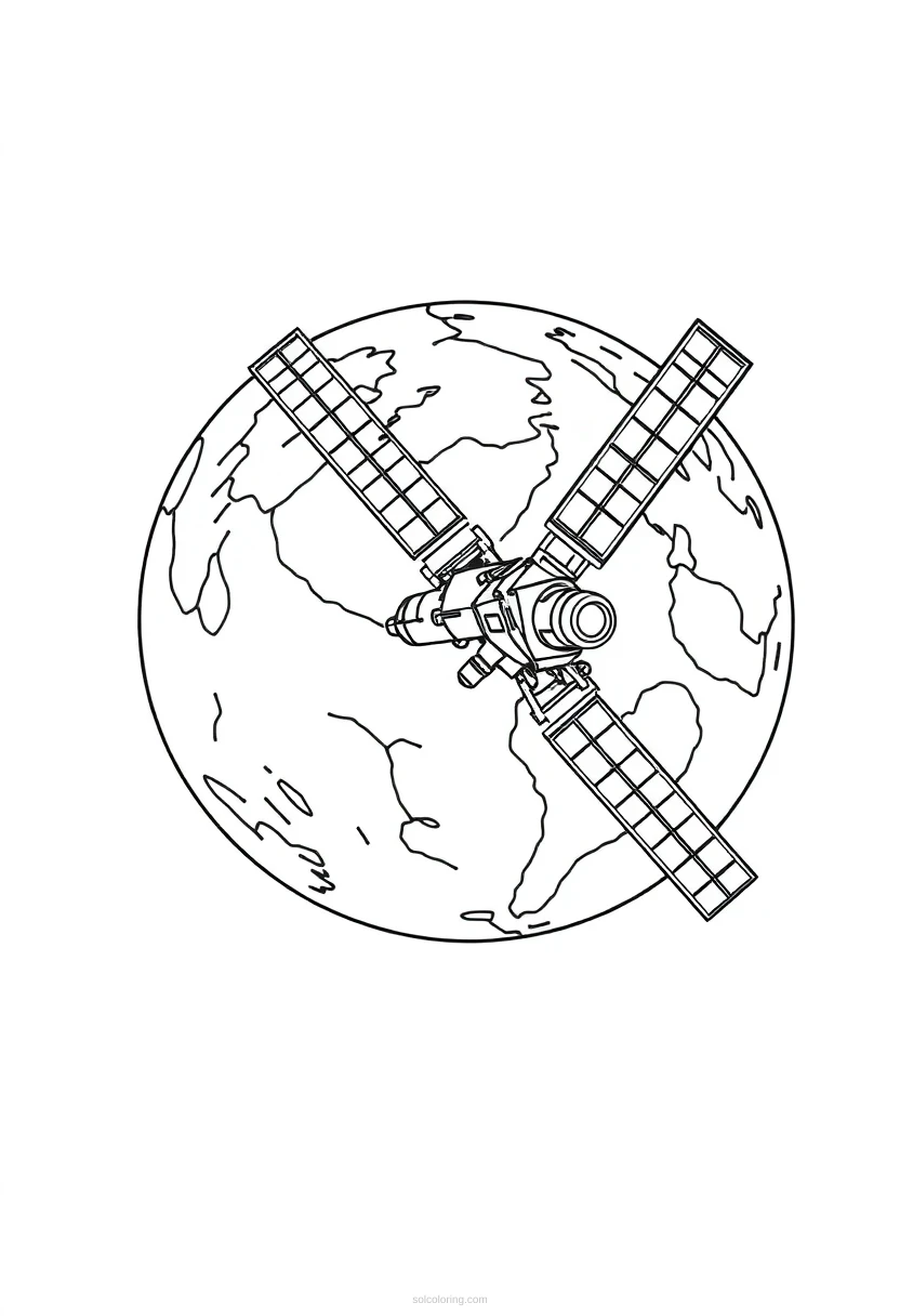 Space Station Orbiting Earth coloring page for kids