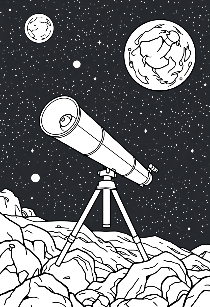 Space Telescope in Deep Space coloring page, free printable