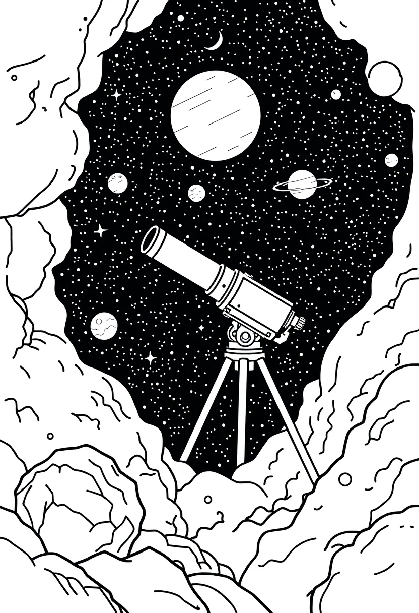 Space Telescope in Deep Space coloring page, free printable