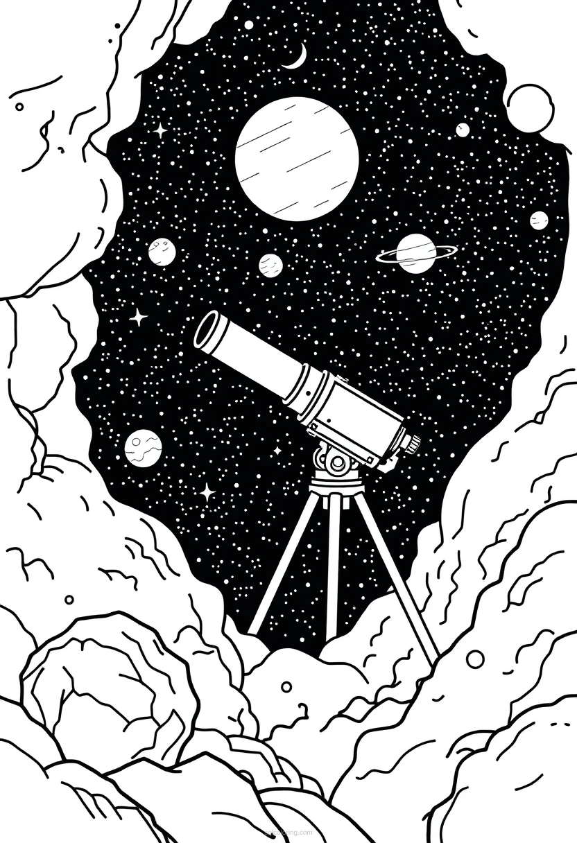 Space Telescope in Deep Space coloring page for kids