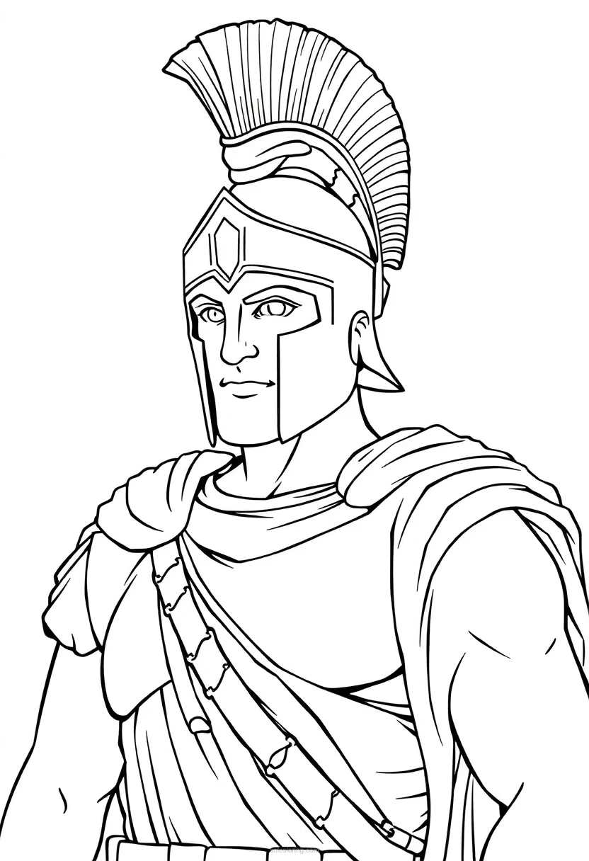 Spartan warrior coloring page showing Greek soldier with helmet, armor, shield and spear in bold black outlines