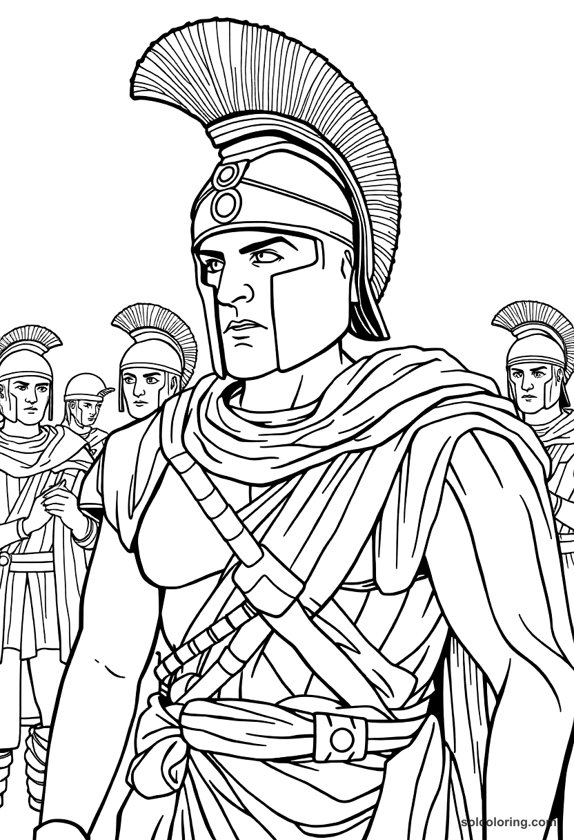 Spartan warriors in armor training with shields and spears, detailed coloring page with bold outlines