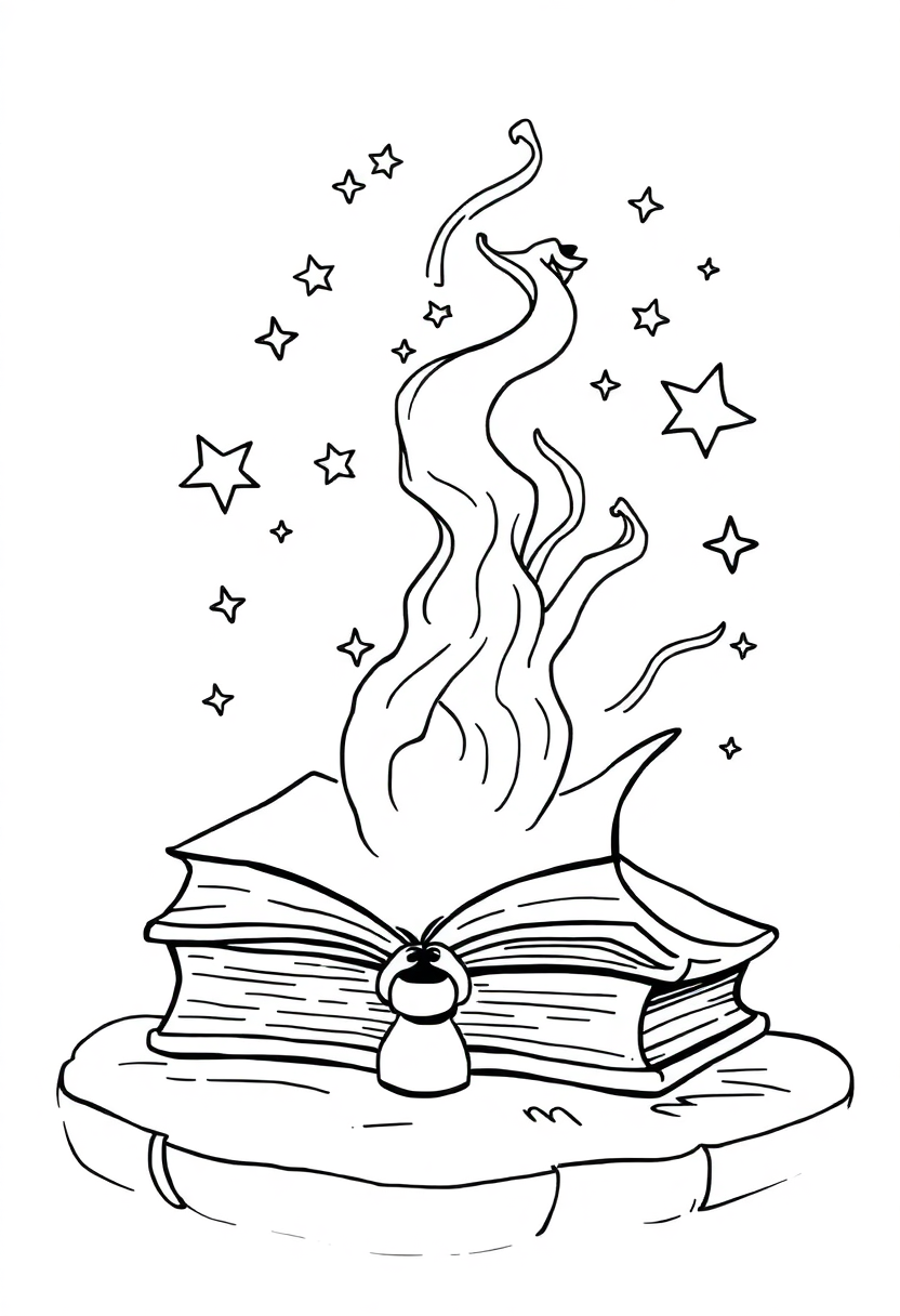 Spell Book with Floating Magic coloring page for kids