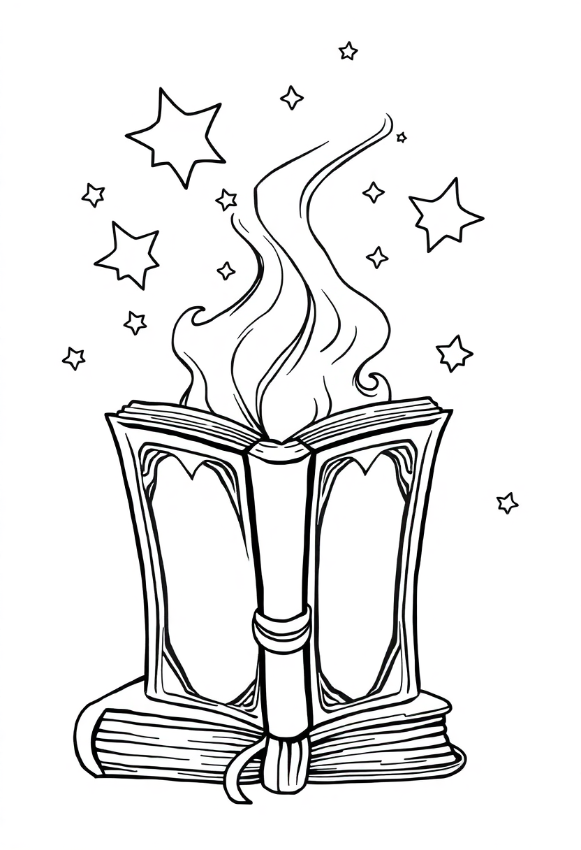 Spell Book with Floating Magic coloring page for kids