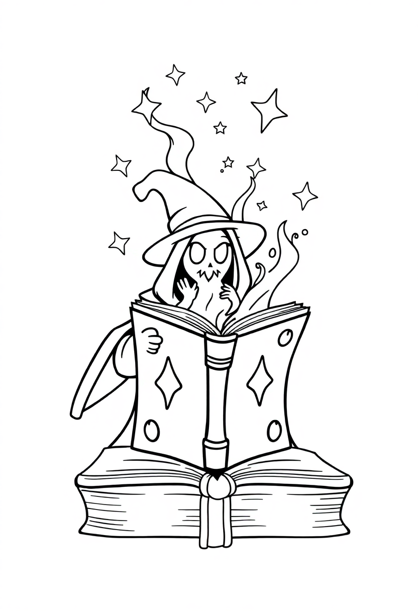Spell Book with Floating Magic coloring page for kids