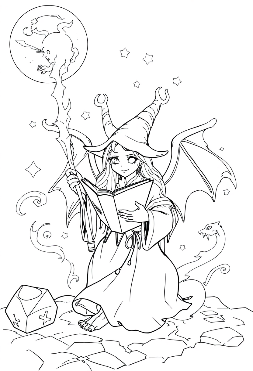 Spellbook coloring page with mandala design featuring magical symbols, runes, and mystical patterns with bold outlines
