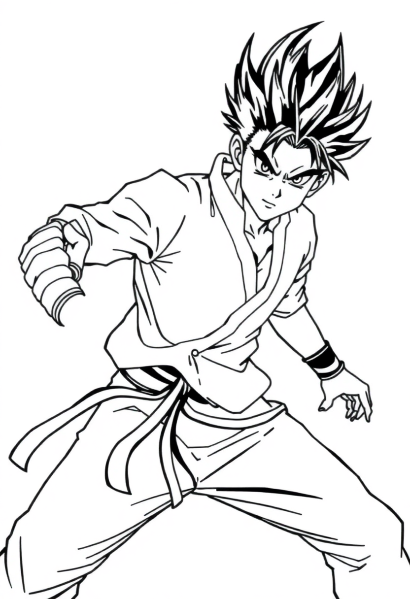Spiky-Haired Fighter in Battle Stance coloring page, free printable