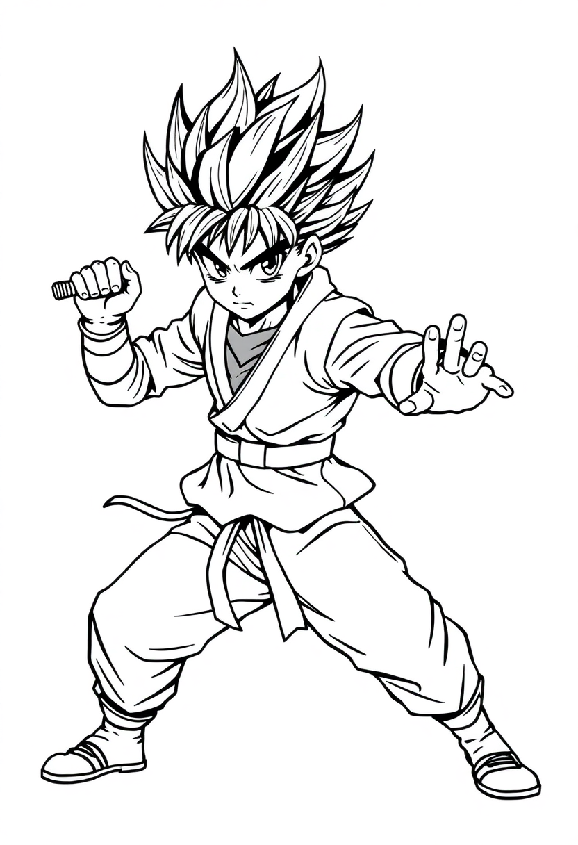 Spiky-Haired Fighter in Battle Stance coloring page, free printable