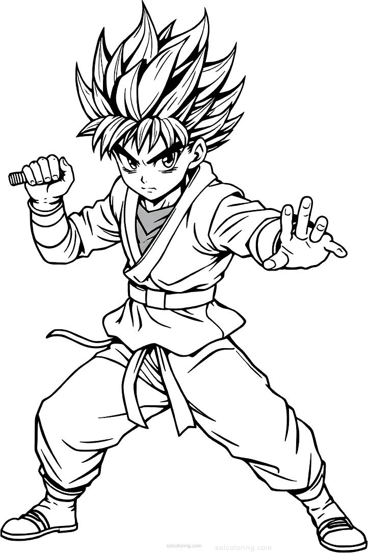 Spiky-Haired Fighter in Battle Stance coloring page for kids