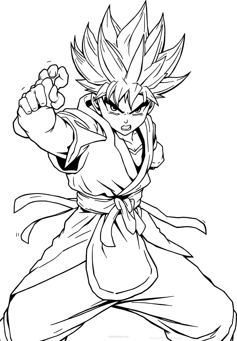Spiky-Haired Fighter in Battle Stance coloring page for kids