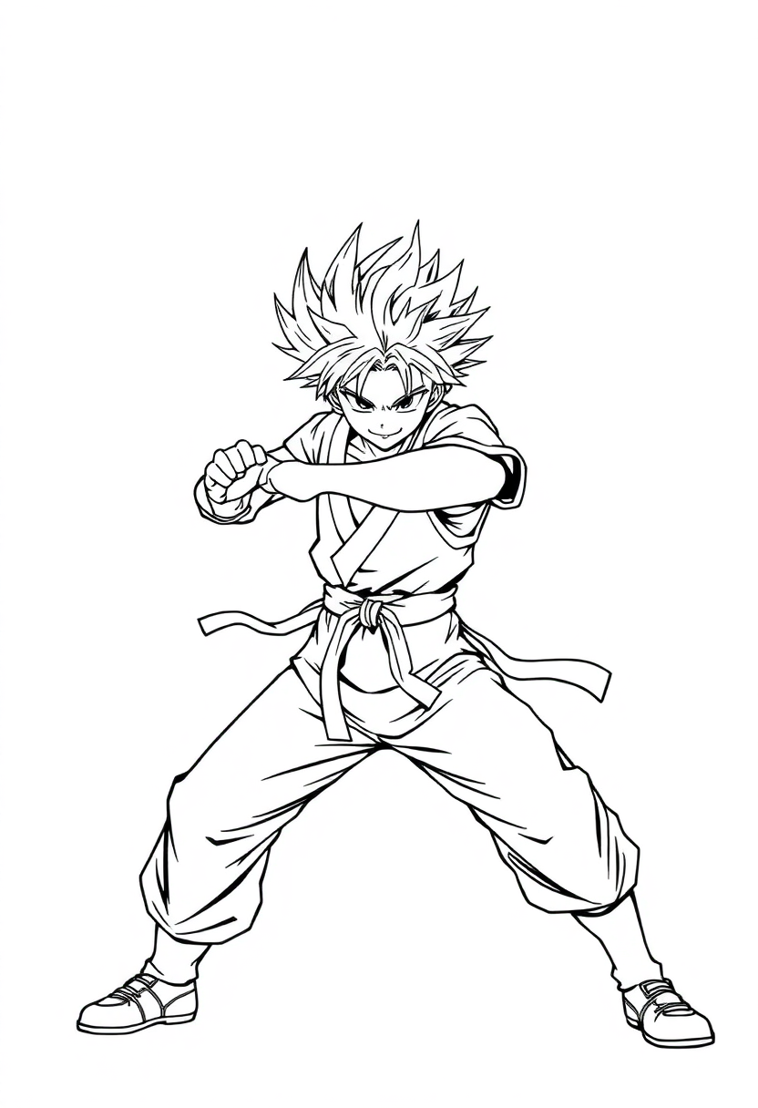 Spiky-haired anime fighter in battle stance coloring page with mandala background patterns and bold black outlines