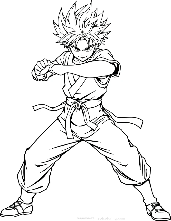 Spiky-Haired Fighter in Battle Stance coloring page for kids