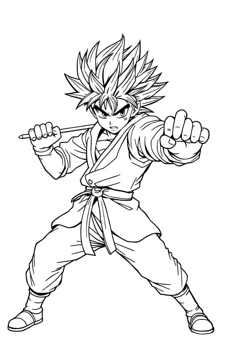 Spiky-Haired Fighter in Battle Stance coloring page, free printable