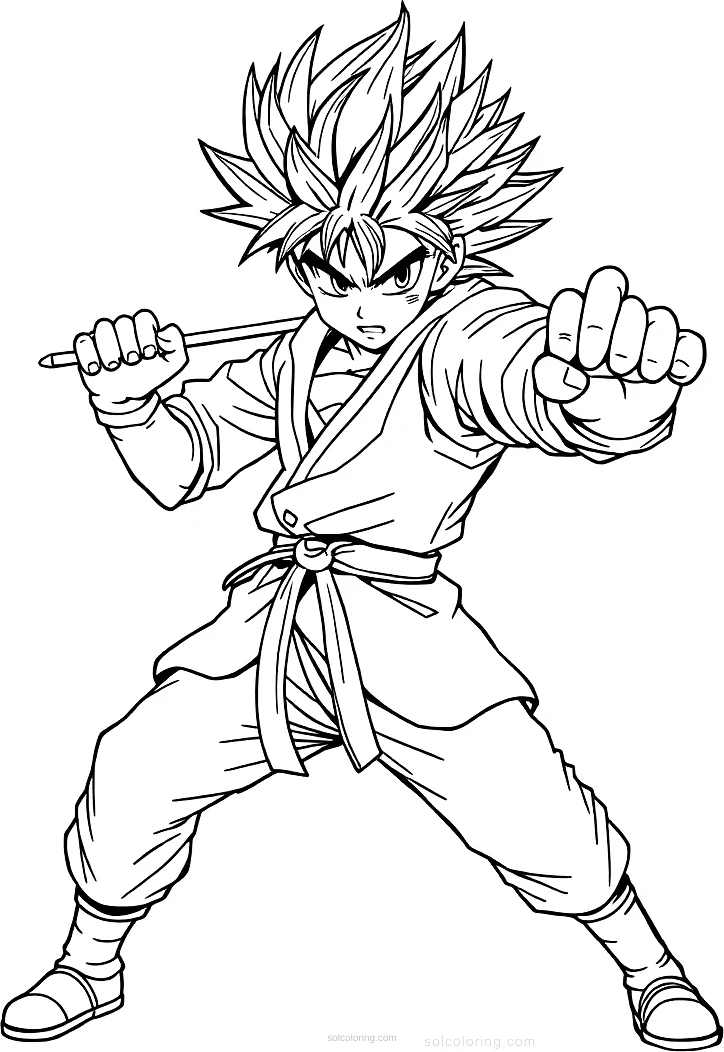 Spiky-Haired Fighter in Battle Stance coloring page for kids