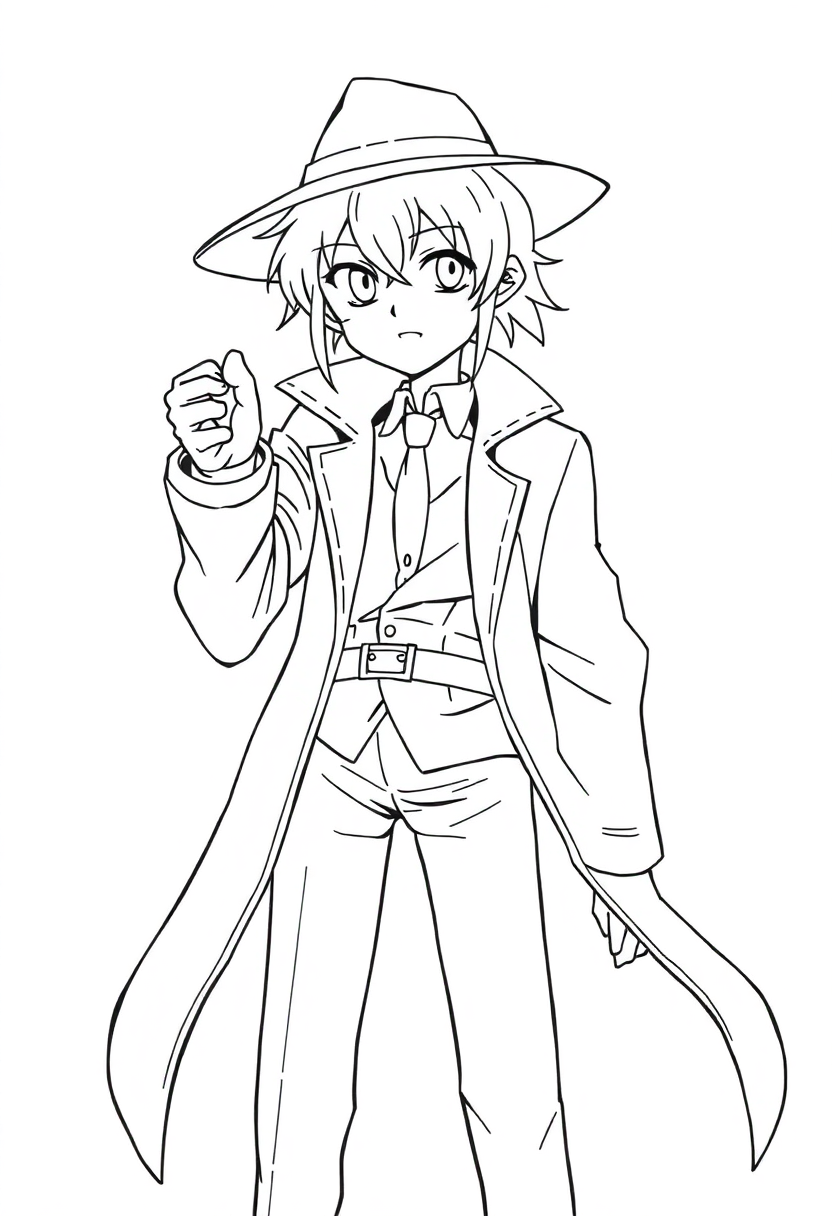Spirit Detective coloring page showing anime character with bold outlines in simple shonen manga style for easy coloring