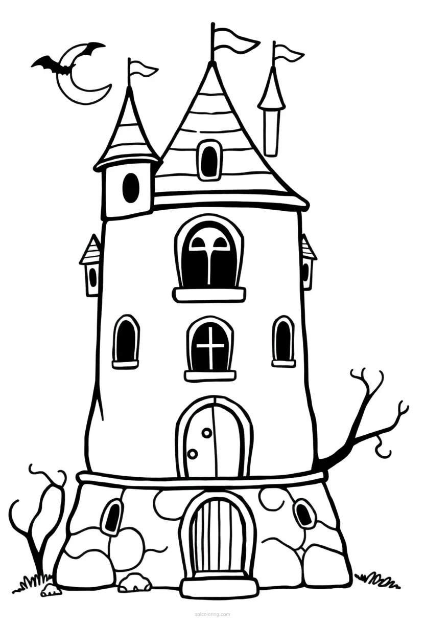 Spooky Castle Tower coloring page for kids