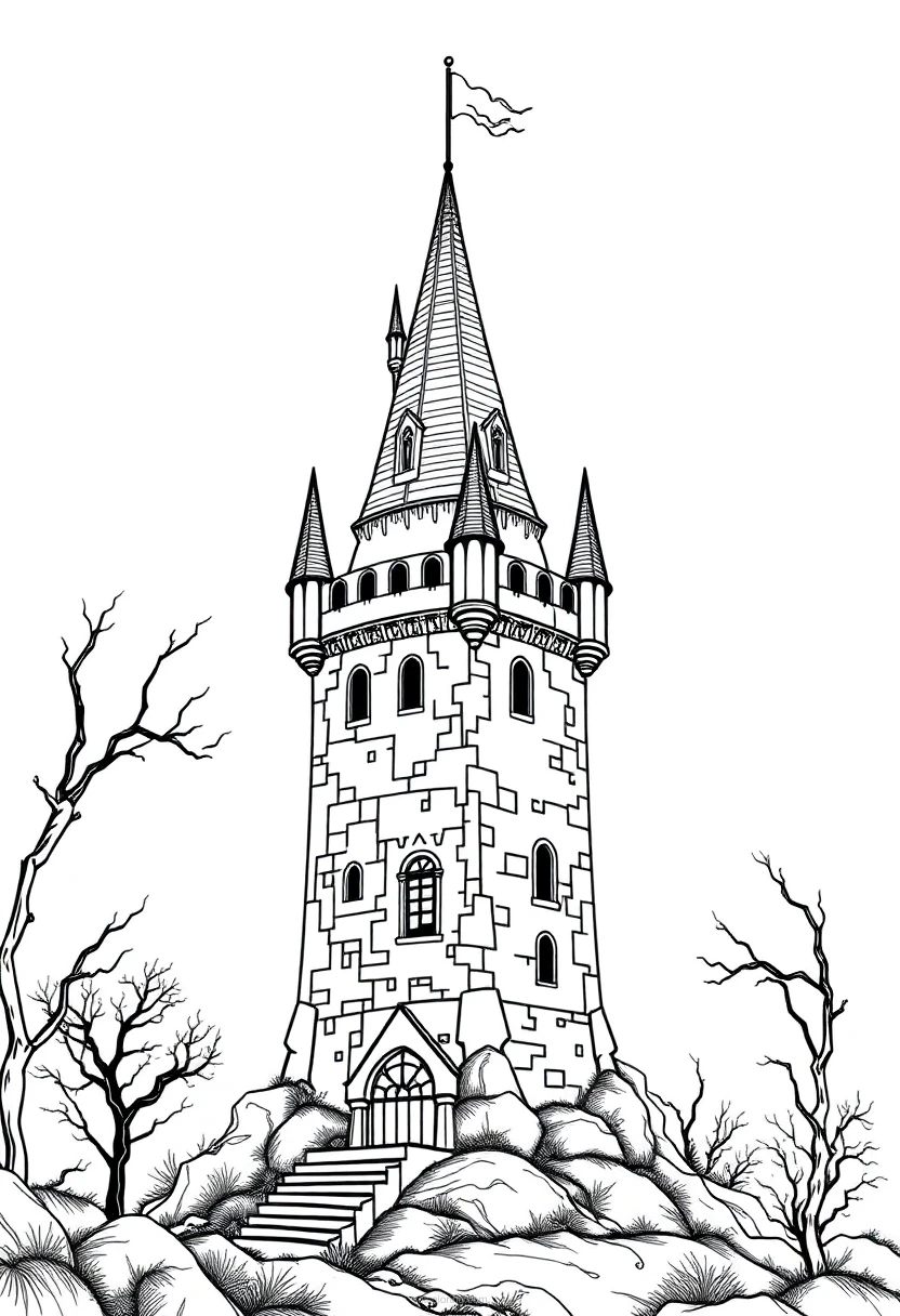 Spooky Castle Tower coloring page for kids