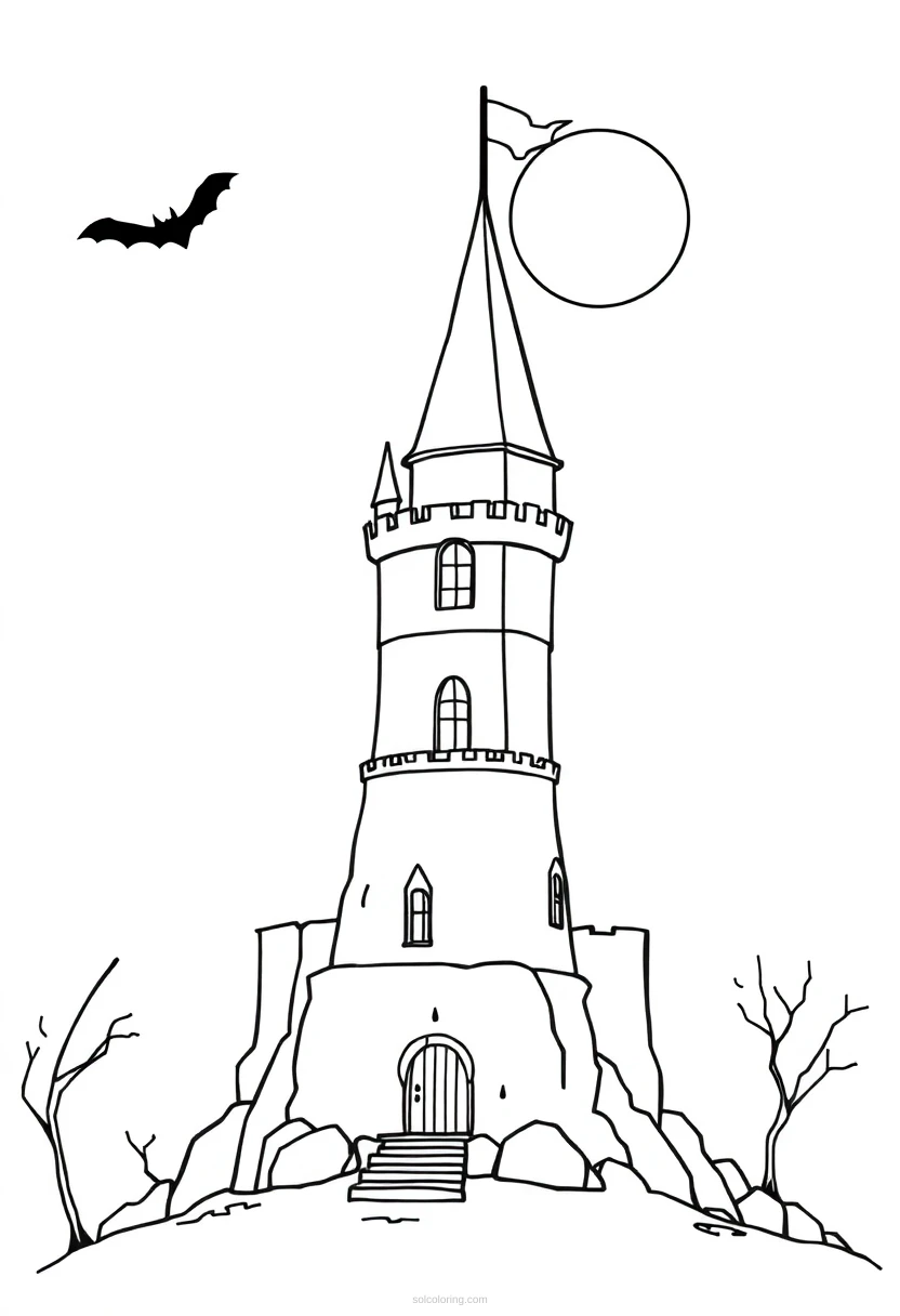 Spooky Castle Tower coloring page for kids