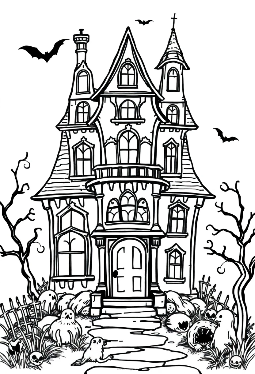 Spooky Haunted House coloring page for kids