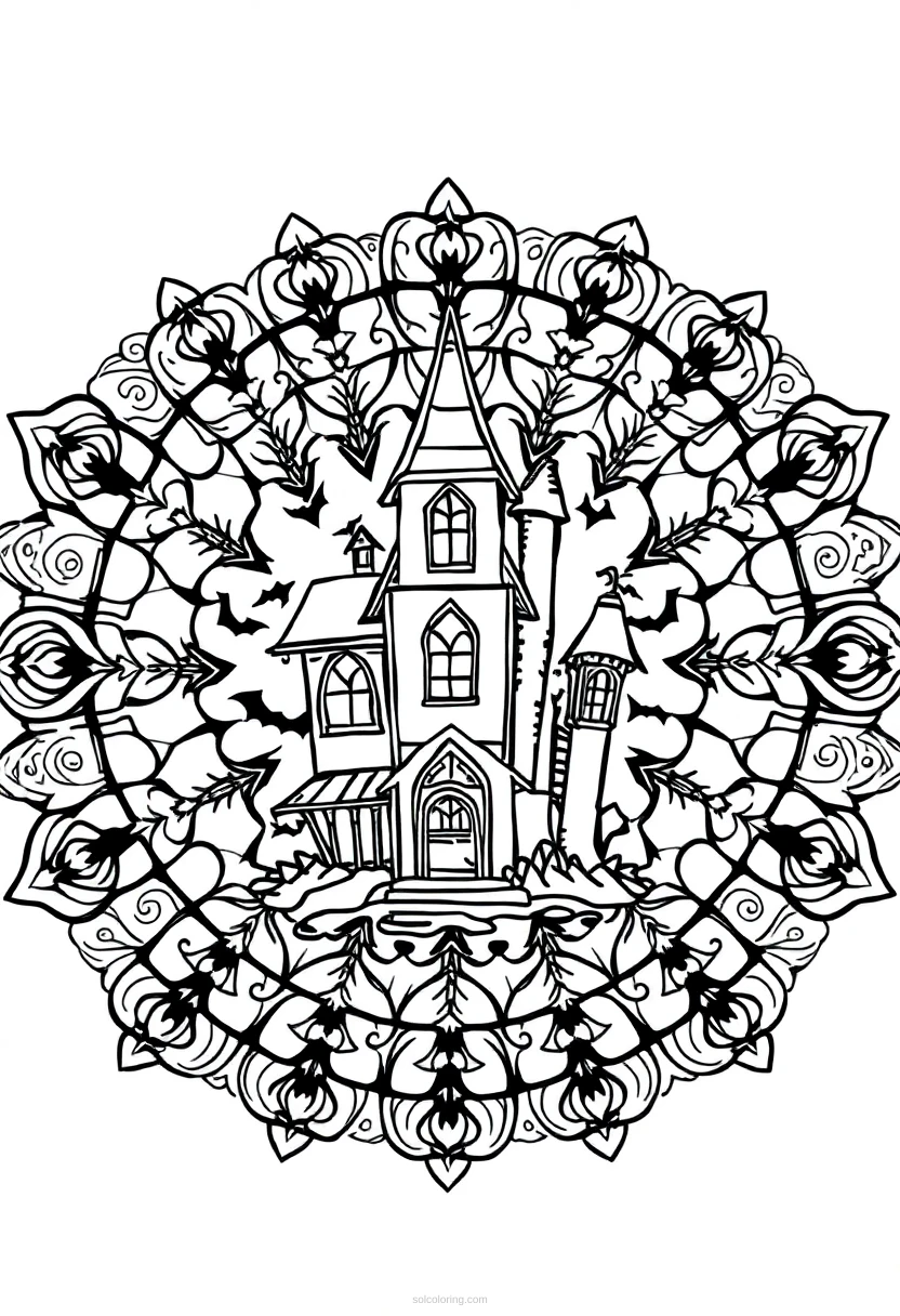 Spooky Haunted House coloring page for kids