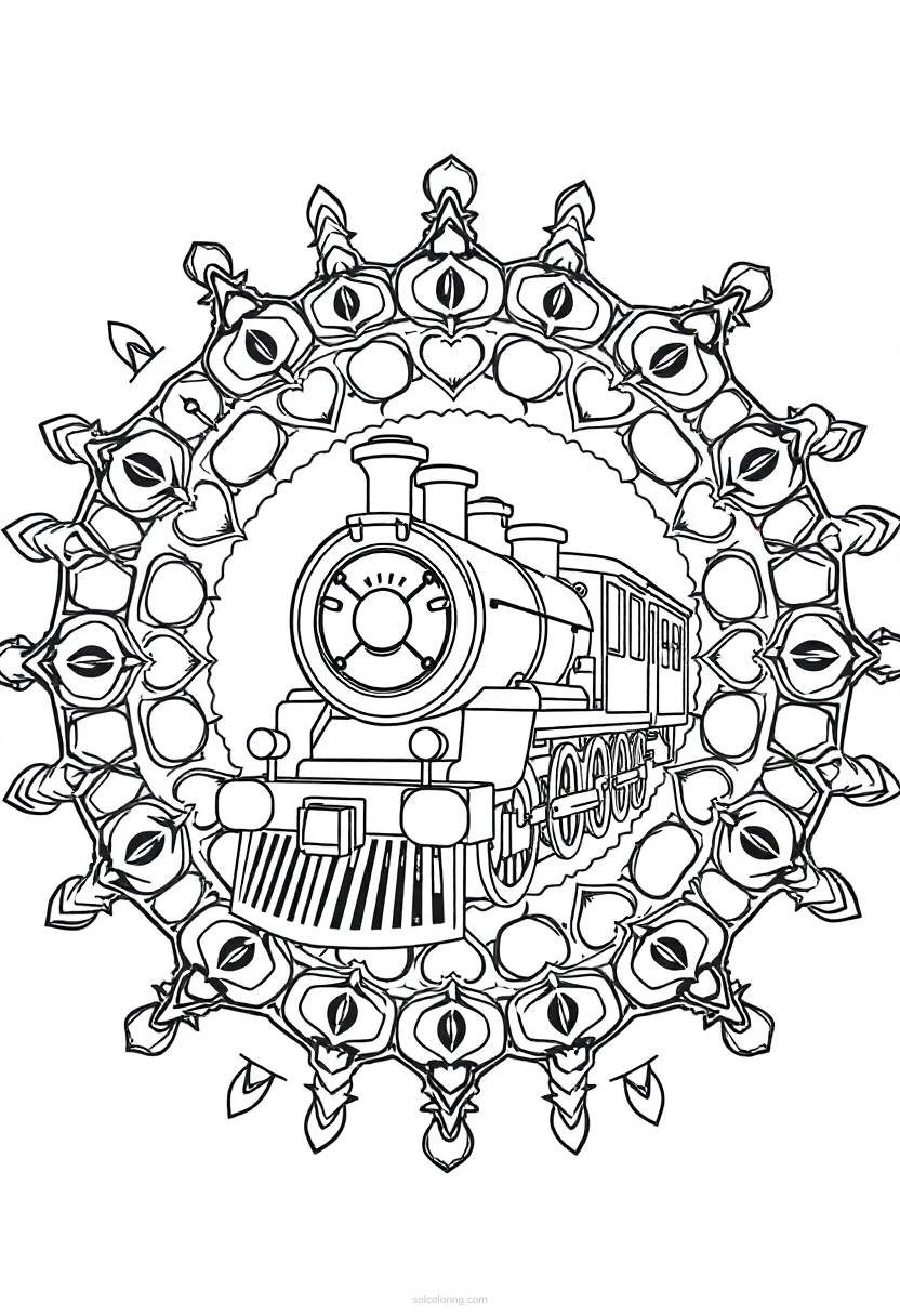 Steam Train Mandala coloring page for kids
