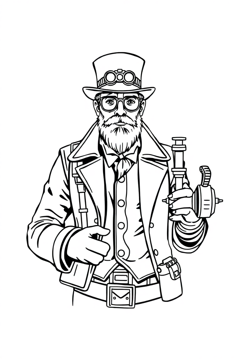Steampunk Inventor coloring page, free printable