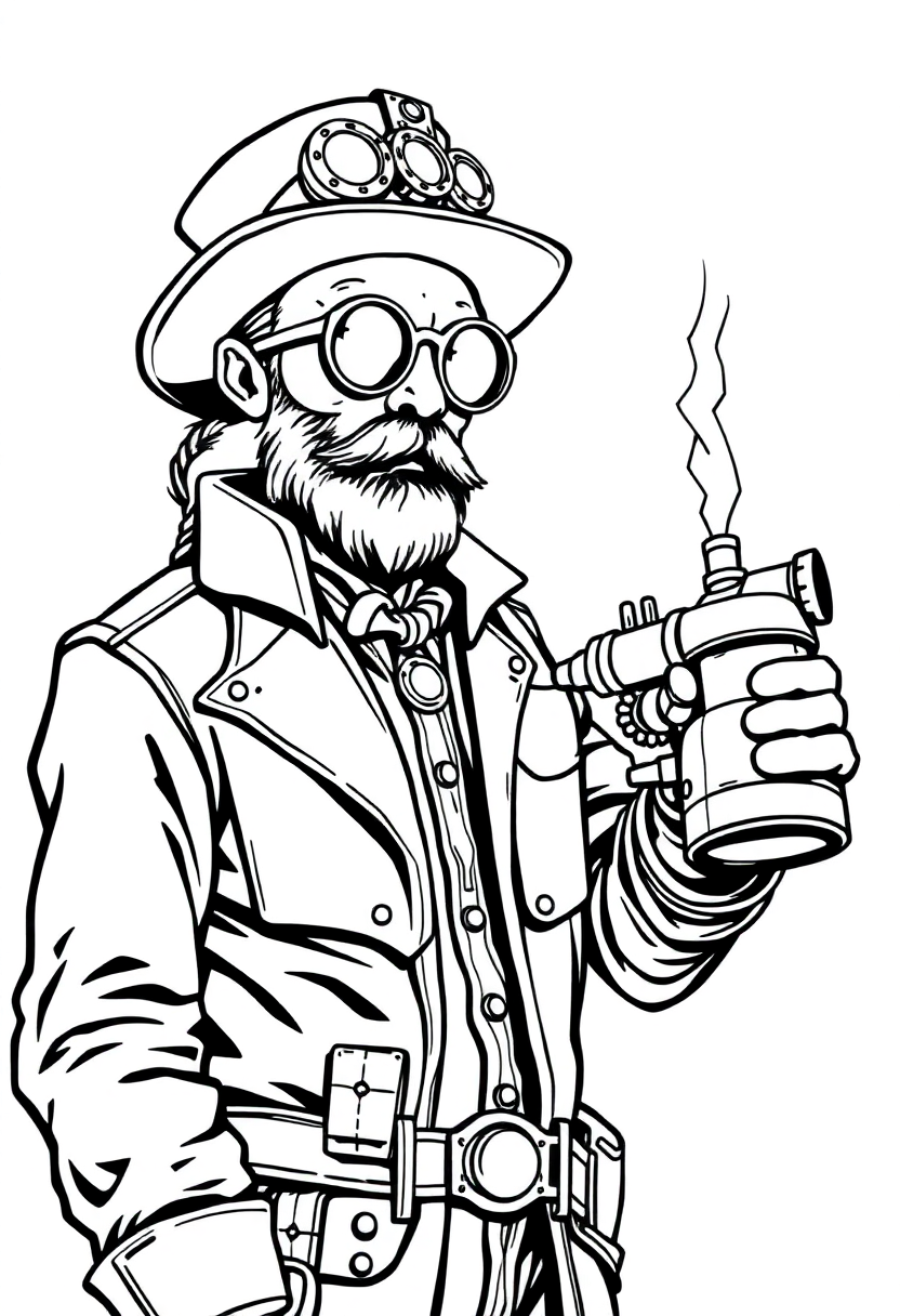 Steampunk Inventor coloring page, free printable