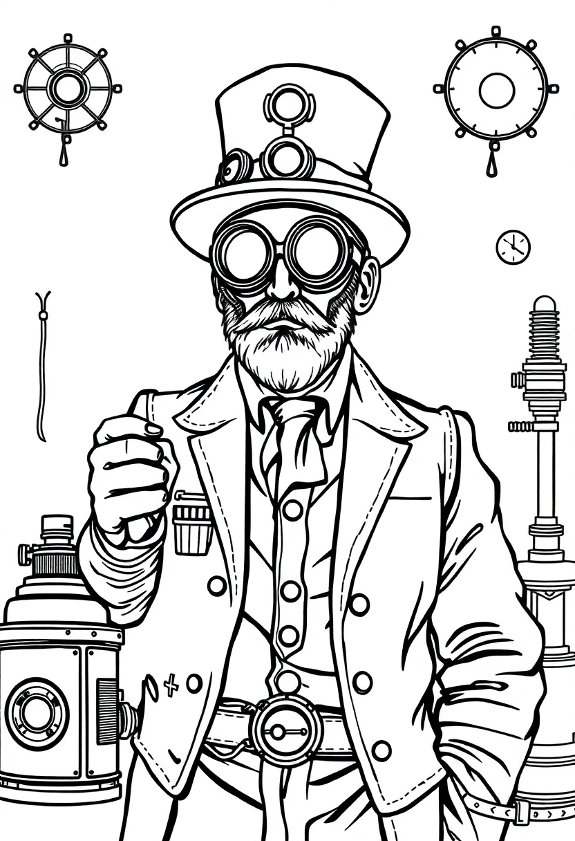 Steampunk Inventor coloring page, free printable