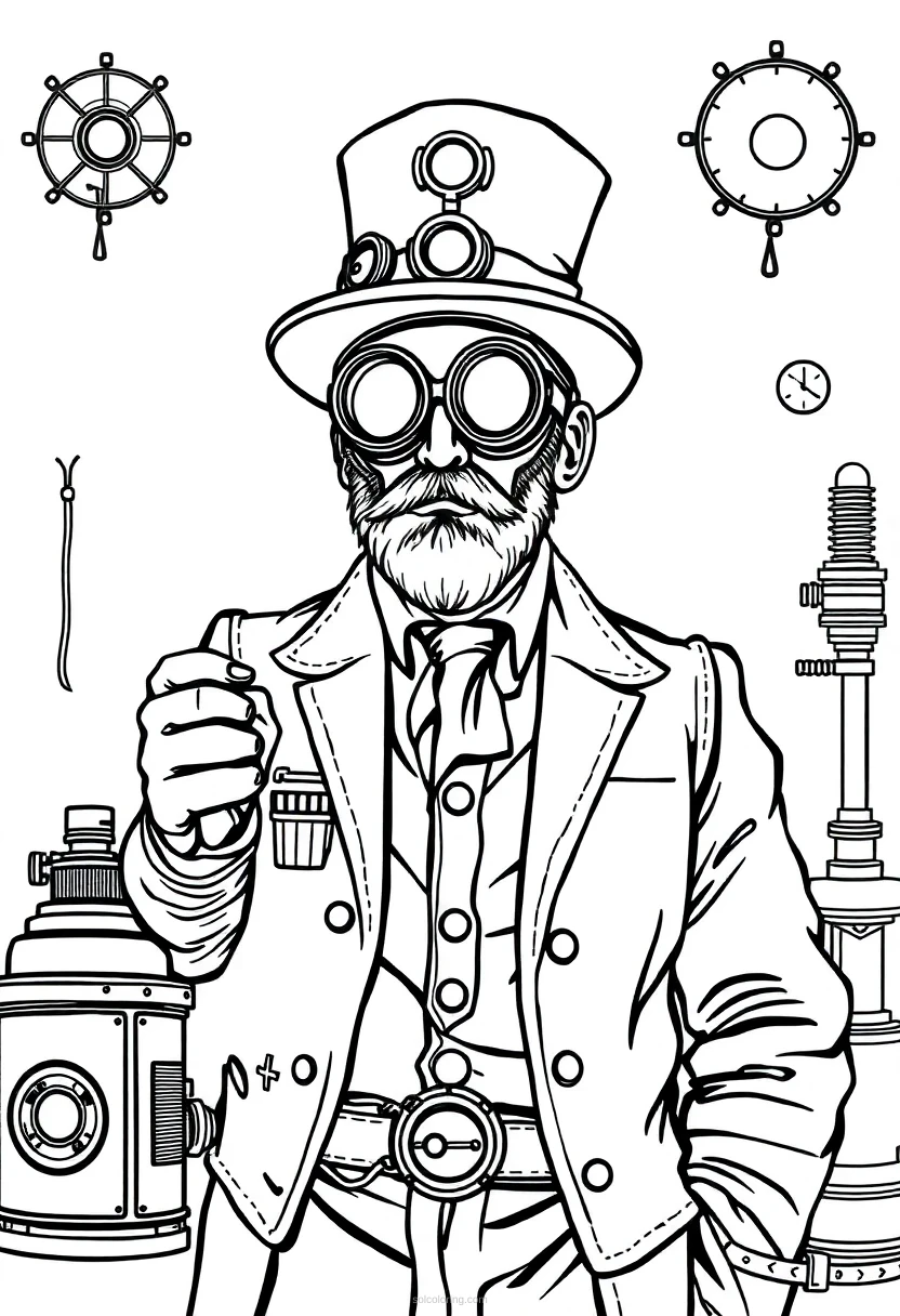 Steampunk Inventor coloring page for kids