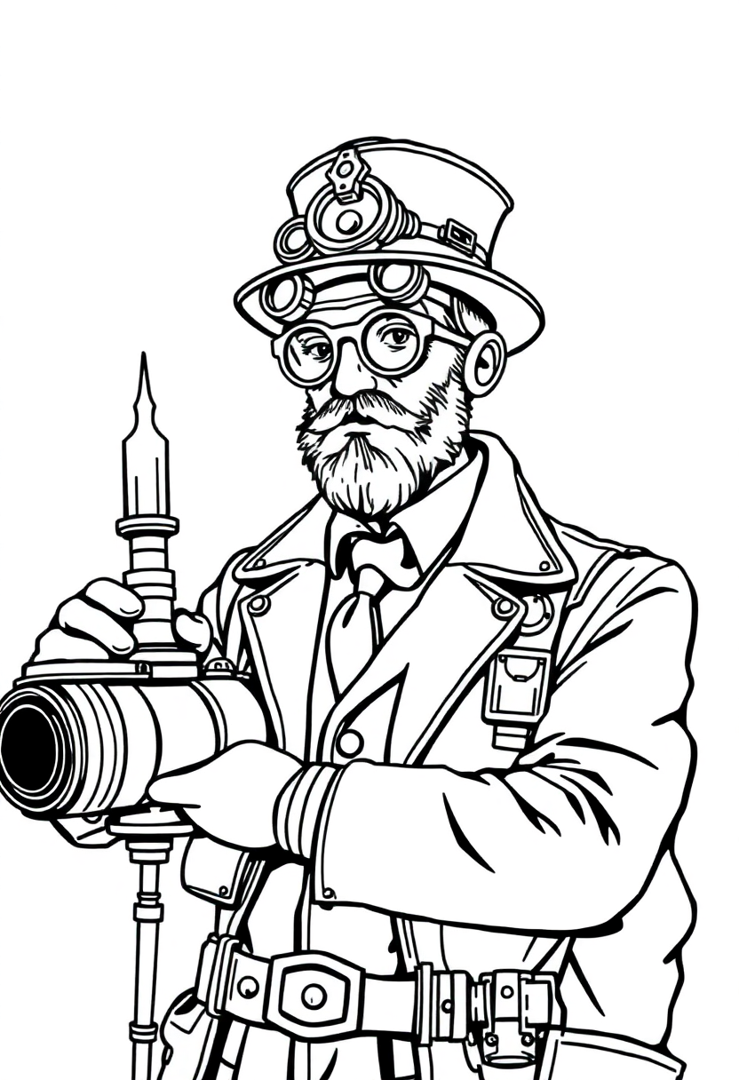 Steampunk Inventor coloring page, free printable