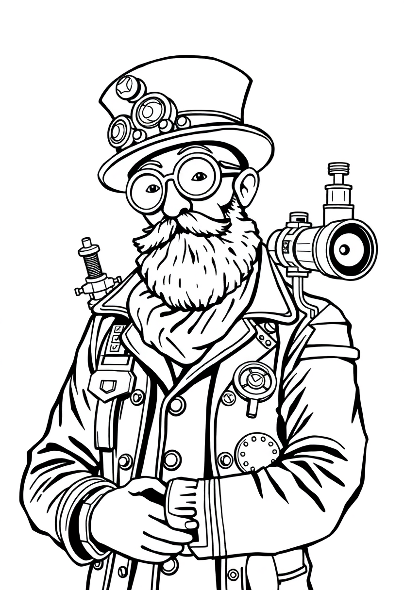 Steampunk Inventor coloring page, free printable