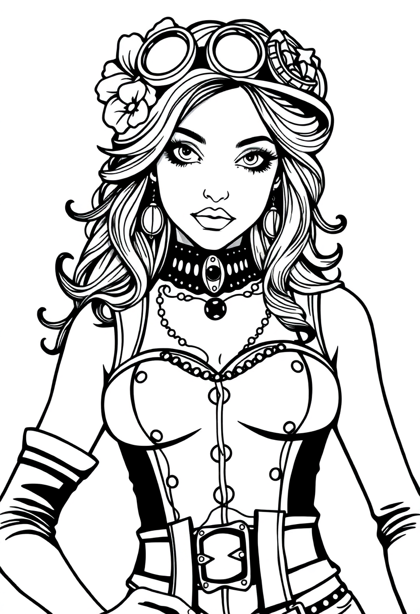 Free printable steampunk lady coloring page showing chibi character wearing detailed corset with Victorian mechanical elements