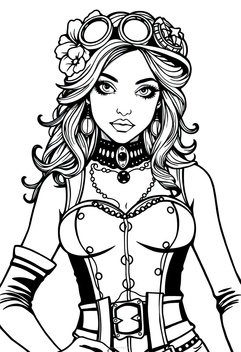 Free printable steampunk lady coloring page showing chibi character wearing detailed corset with Victorian mechanical elements