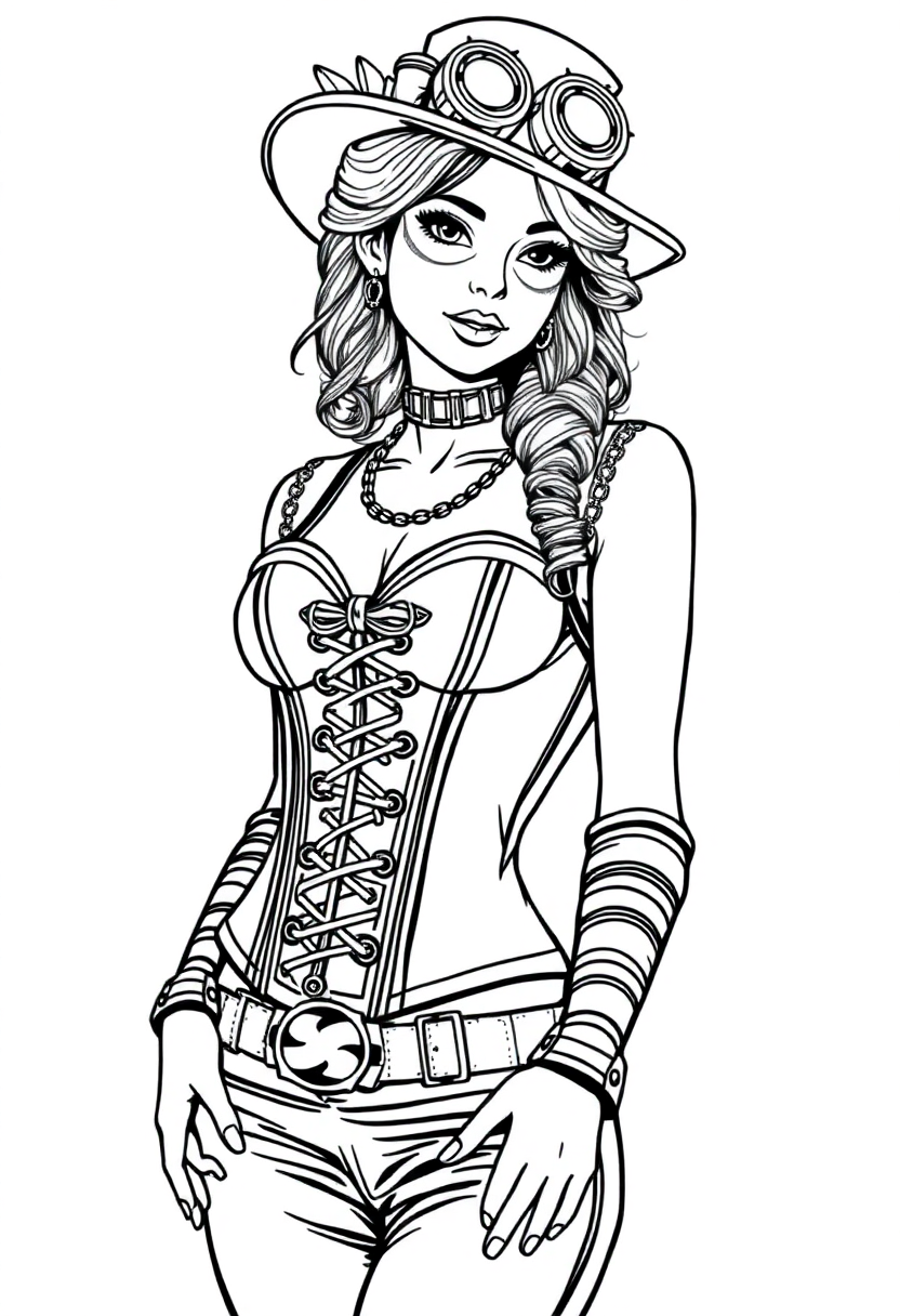 Steampunk Lady with Corset coloring page, free printable
