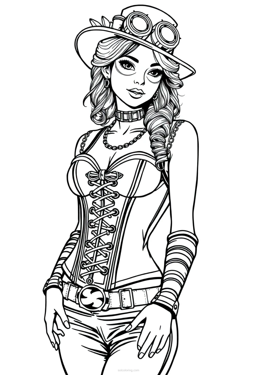 Steampunk Lady with Corset coloring page for kids