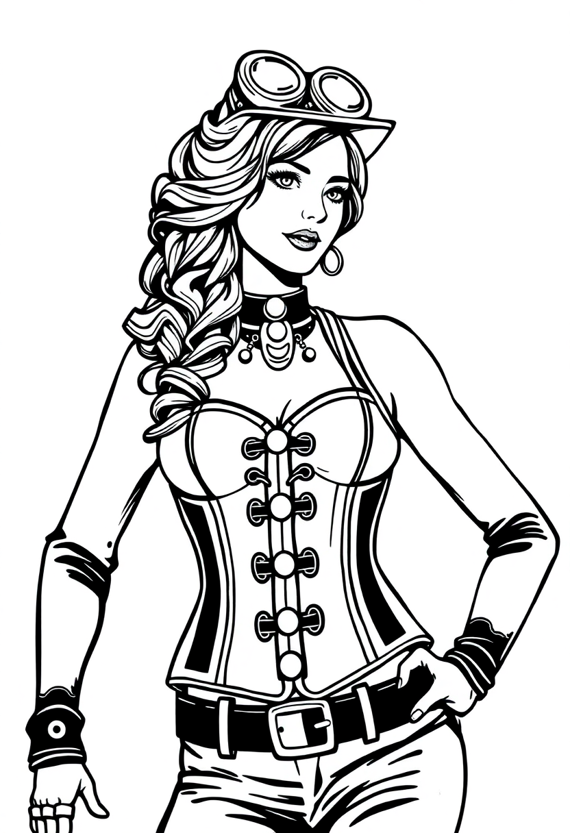 Steampunk Lady with Corset coloring page, free printable