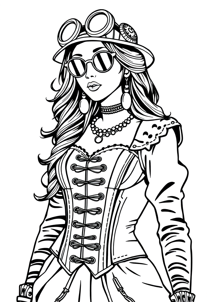 Steampunk Lady with Corset coloring page, free printable