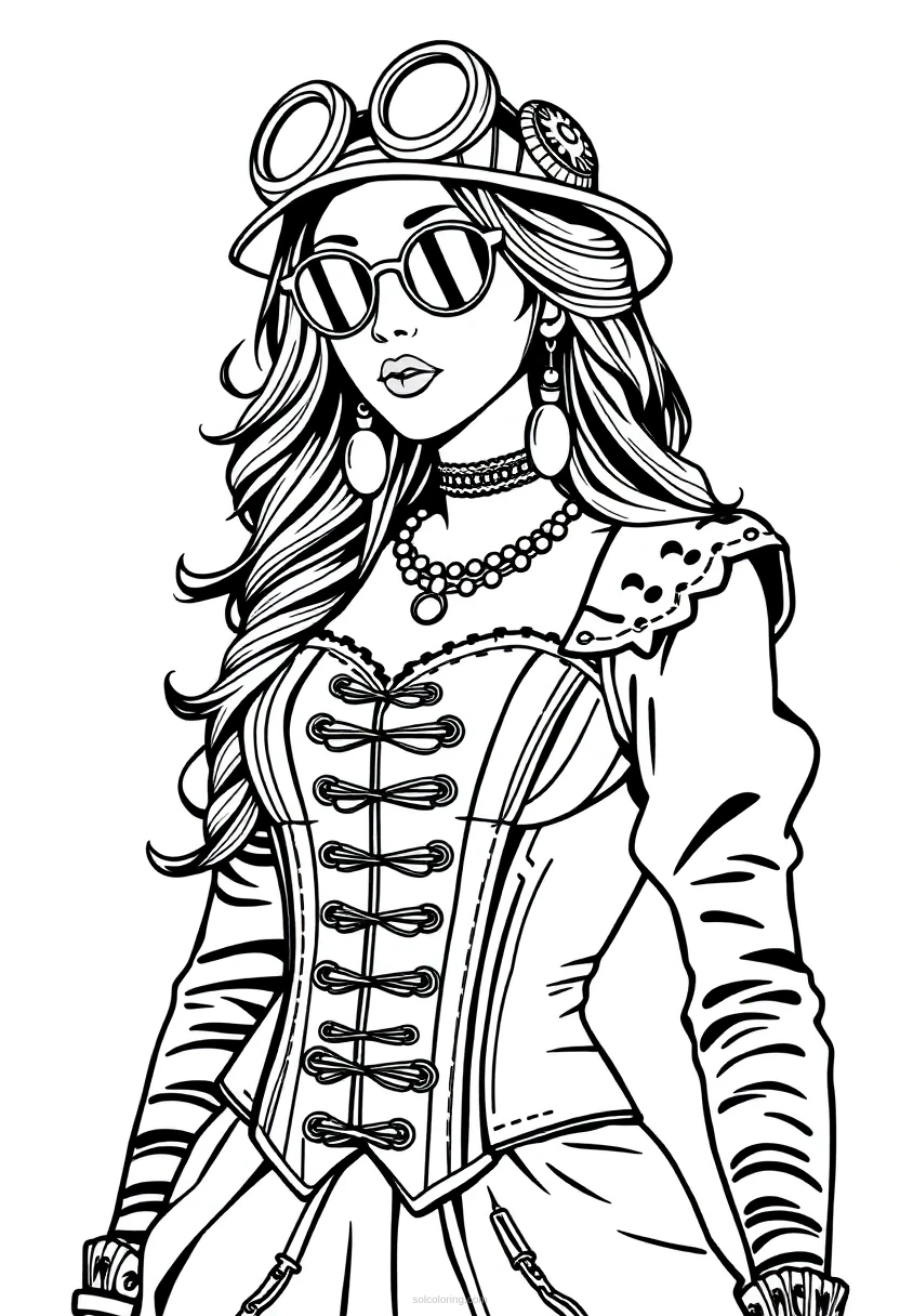 Steampunk Lady with Corset coloring page for kids
