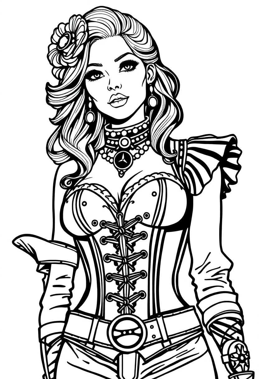 Steampunk Lady with Corset coloring page, free printable