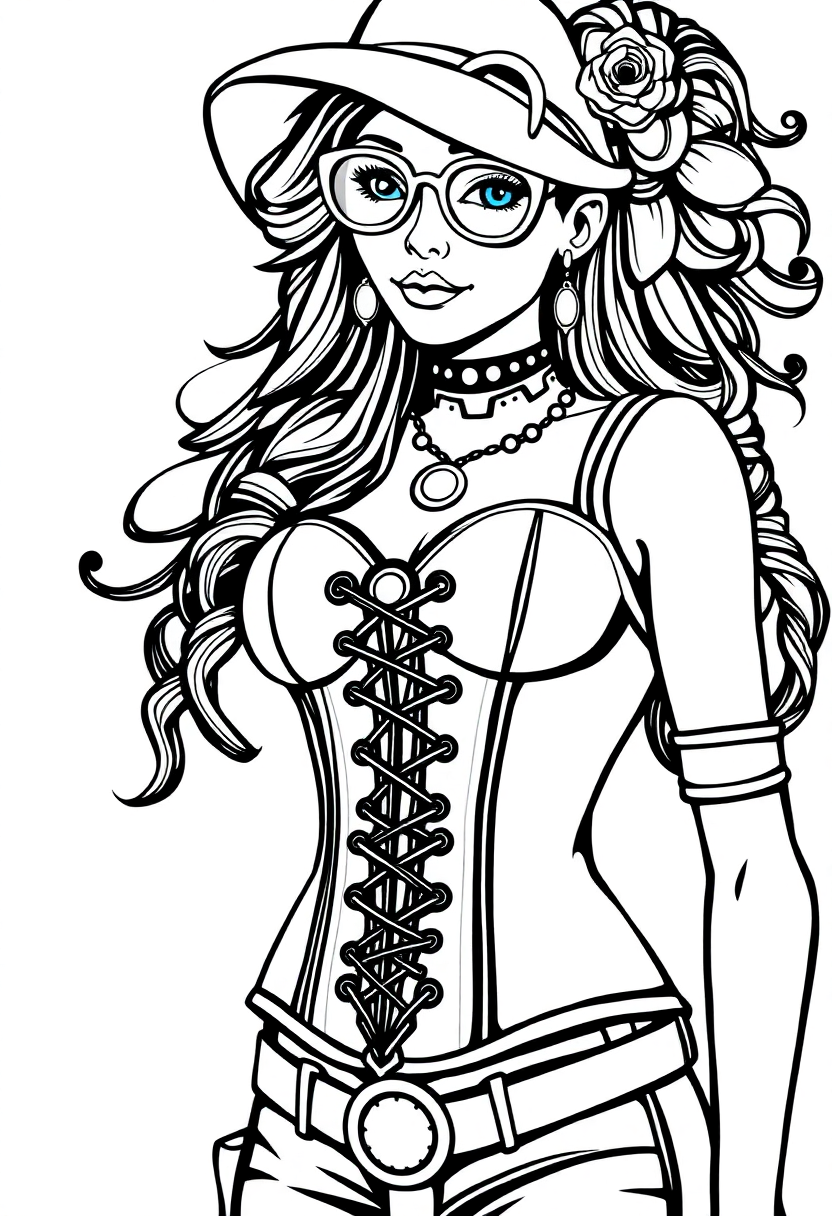 Steampunk Lady with Corset coloring page, free printable