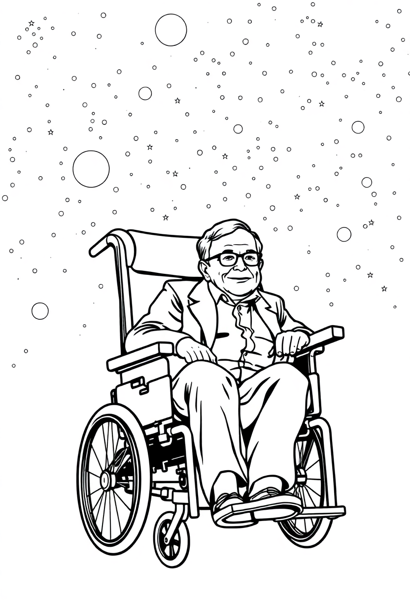 Stephen Hawking in Wheelchair with Universe Background coloring page, free printable