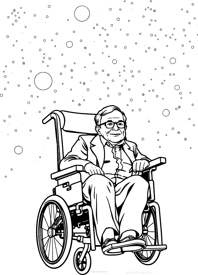 Stephen Hawking in Wheelchair with Universe Background coloring page for kids