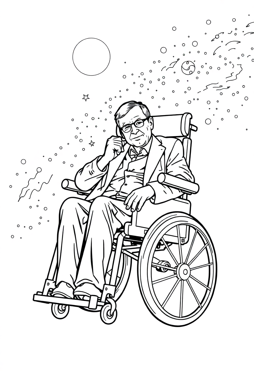 Stephen Hawking in Wheelchair with Universe Background coloring page, free printable