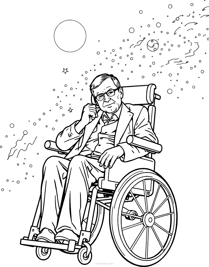 Stephen Hawking in Wheelchair with Universe Background coloring page for kids