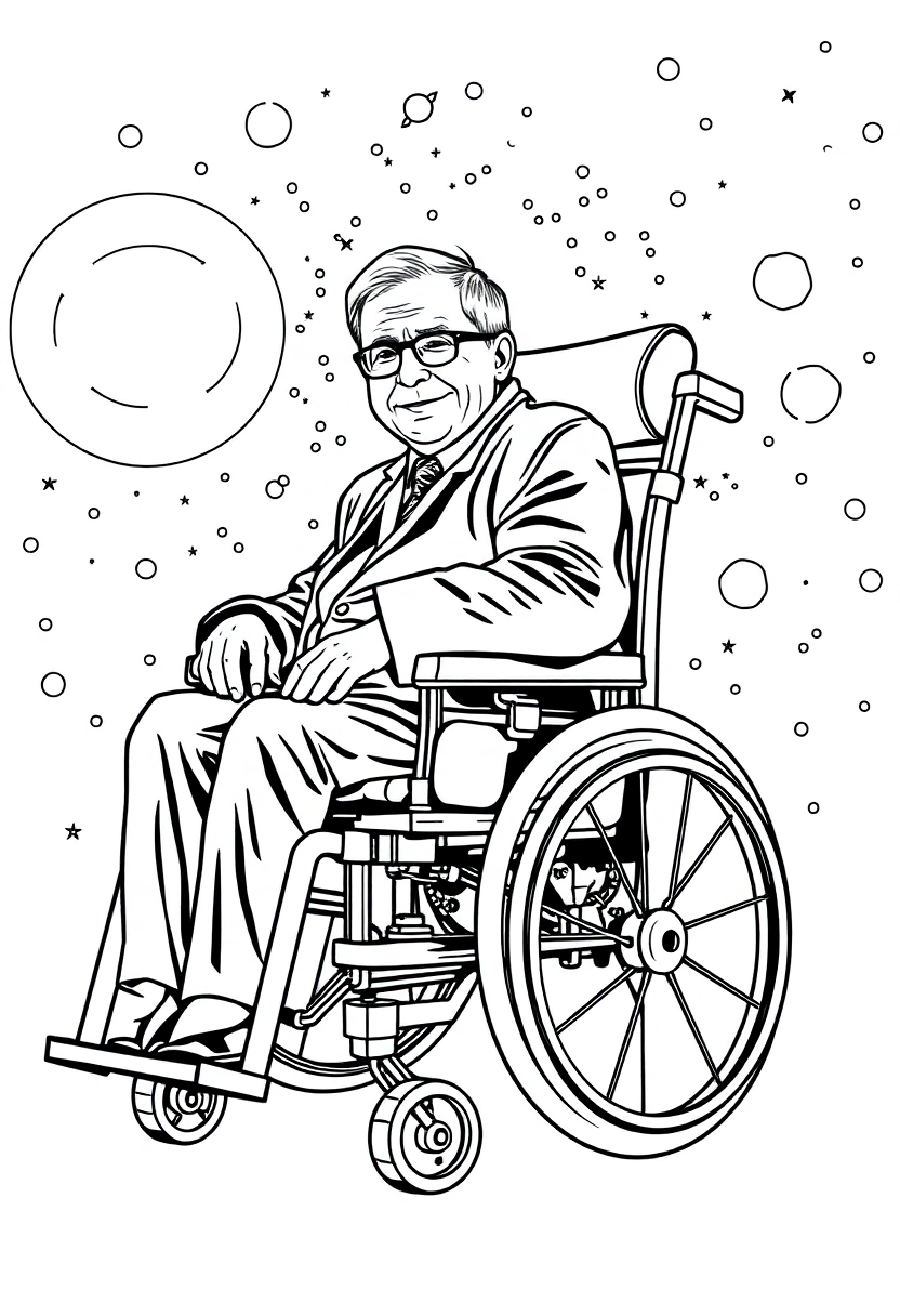 Stephen Hawking in Wheelchair with Universe Background coloring page, free printable