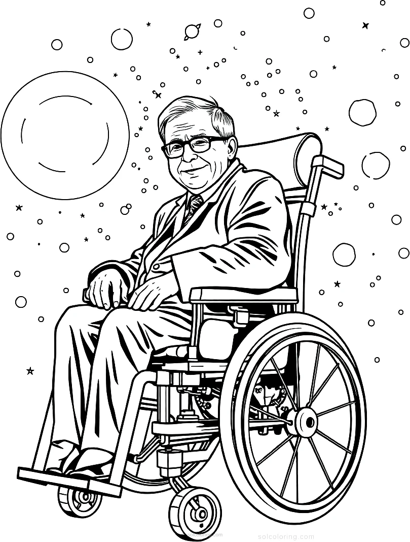 Stephen Hawking in Wheelchair with Universe Background coloring page for kids